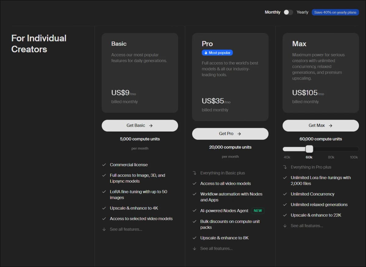 Krea 가격 화면에서 Basic, Pro, Max 플랜과 compute units가 표시된 화면
