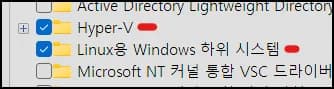 Windows 기능에서 Hyper-V와 Linux용 Windows 하위 시스템을 켠 화면