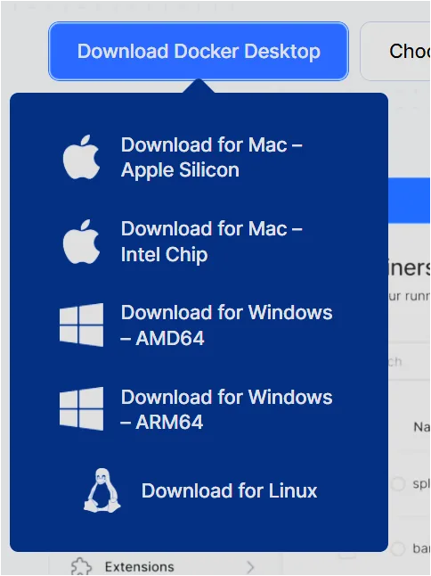 Docker Desktop 다운로드 메뉴에서 Windows AMD64 설치 파일을 선택하는 화면