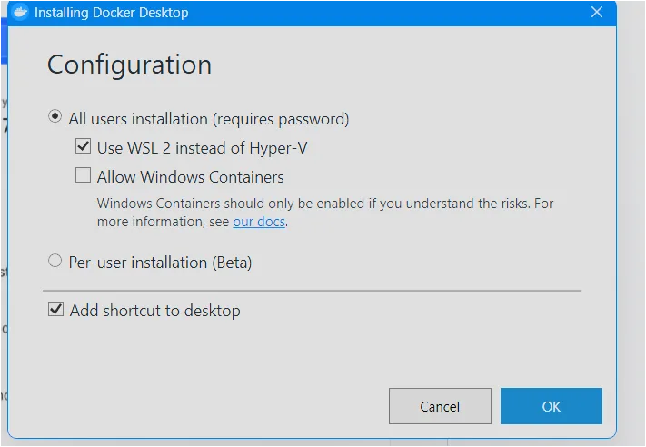 Docker Desktop 설치 중 WSL 2 사용 옵션을 선택하는 화면