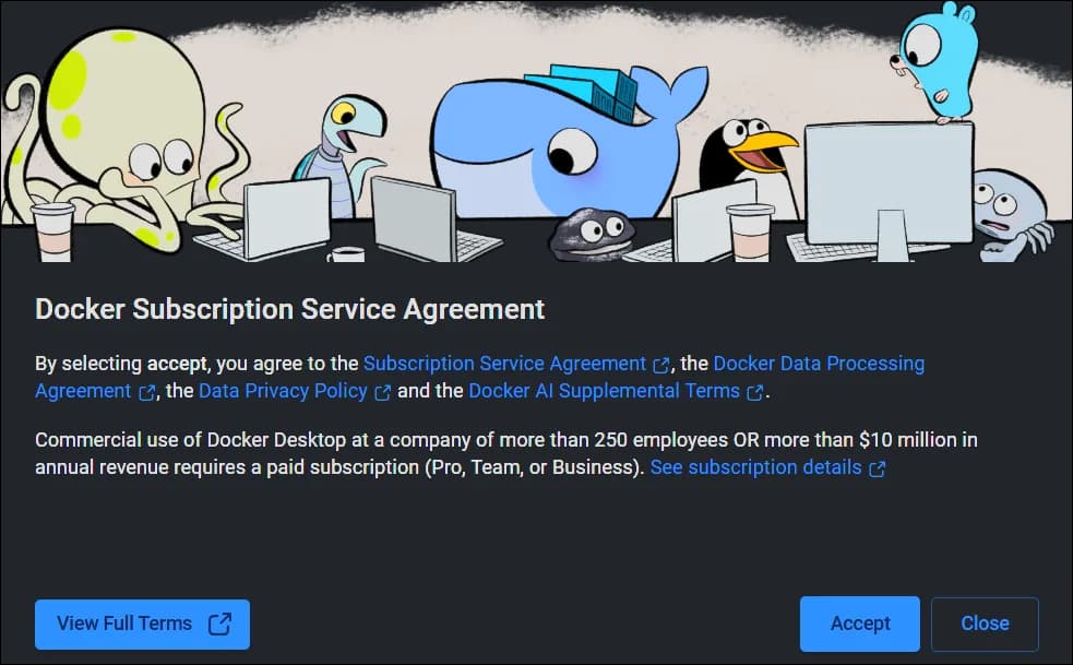Docker Desktop Subscription Service Agreement에서 Accept 버튼을 확인하는 화면