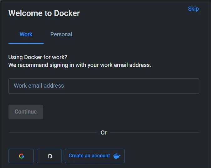 Docker Desktop 시작 화면에서 로그인 단계를 건너뛰는 위치를 보여주는 화면