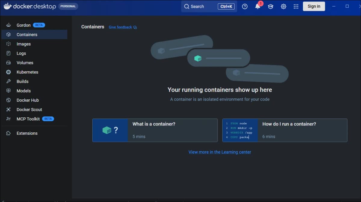 Docker Desktop 컨테이너 화면이 정상적으로 열린 상태