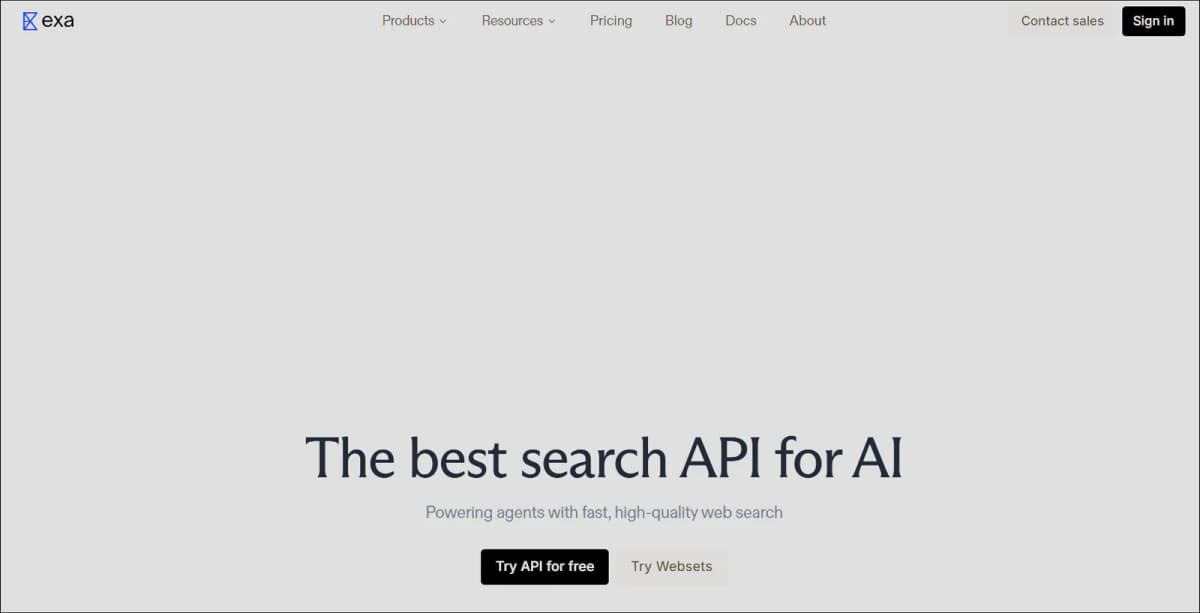 Exa 홈페이지에서 Try API for free 버튼을 확인하는 화면