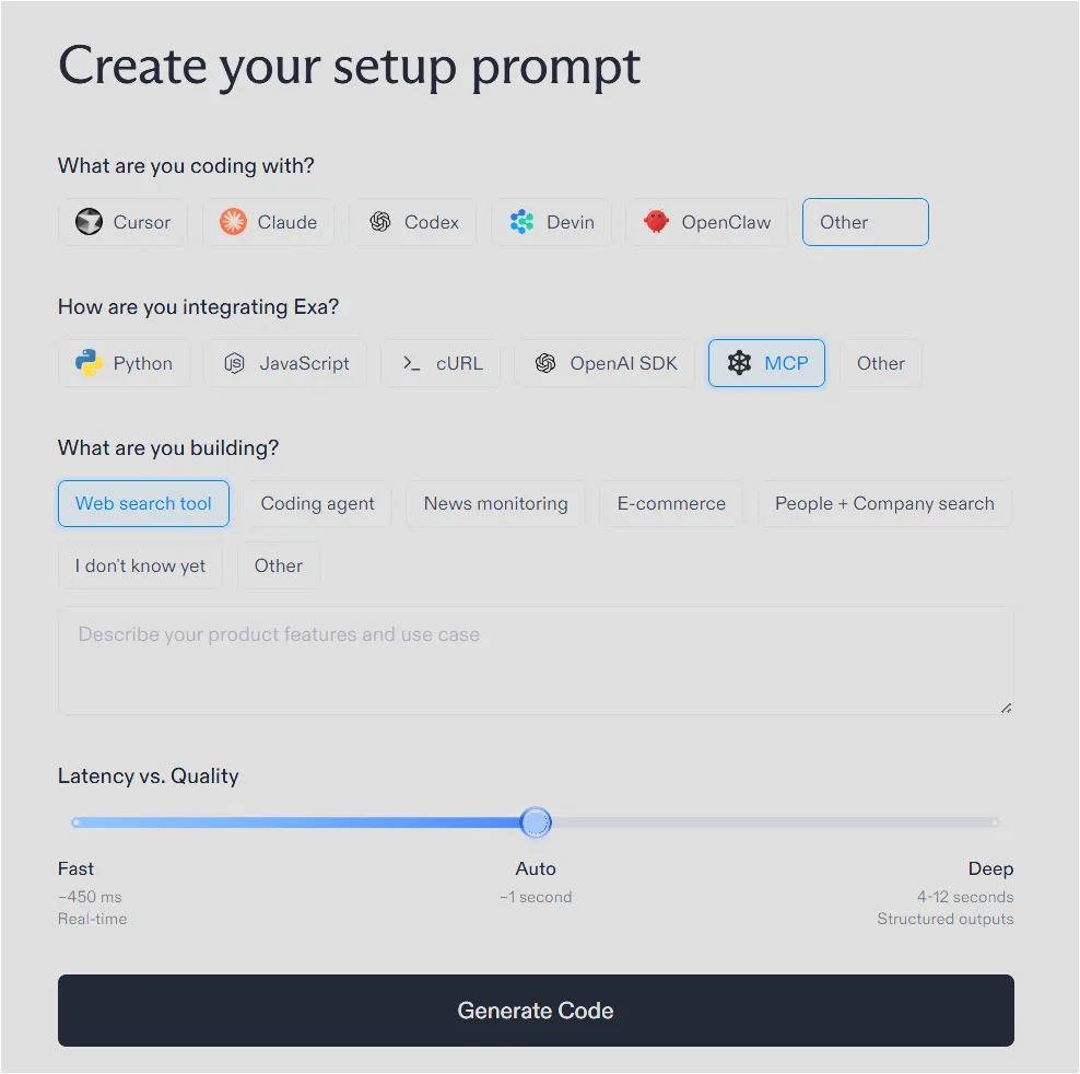 Exa 설정 프롬프트에서 MCP와 Web search tool 옵션을 선택한 화면