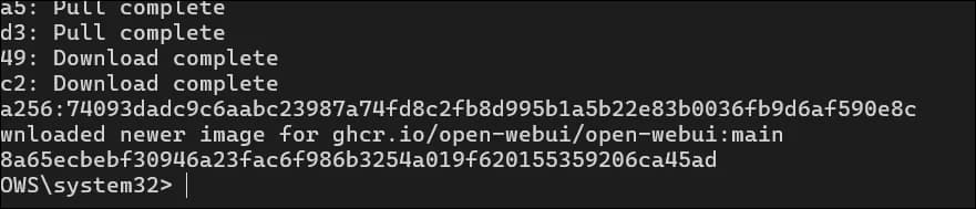 Open WebUI Docker 이미지 다운로드와 컨테이너 생성이 완료된 PowerShell 화면