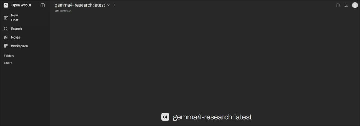 Open WebUI에 Gemma 4 모델이 표시된 첫 접속 완료 화면