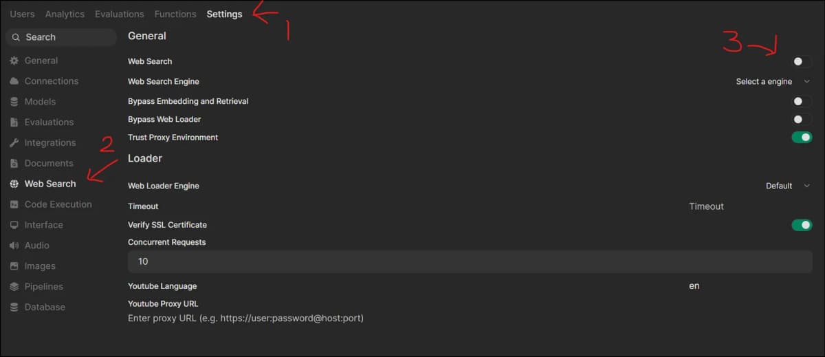 Open WebUI Admin Panel에서 Settings와 Web Search 메뉴를 선택하는 화면