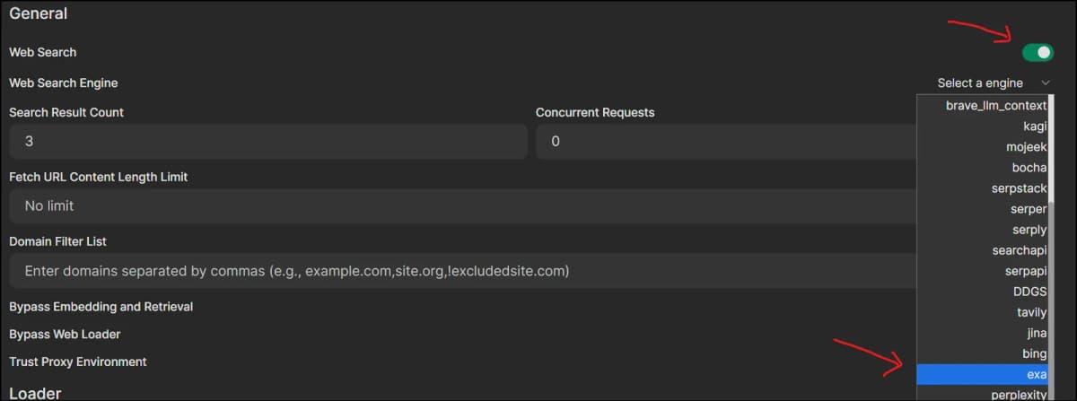 Open WebUI Web Search Engine 목록에서 Exa를 선택하는 화면