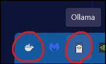 Windows 작업 표시줄에서 Docker Desktop과 Ollama가 실행 중인지 확인하는 화면