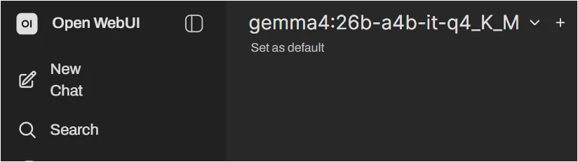 Open WebUI에서 gemma4 26B 양자화 모델을 선택한 화면