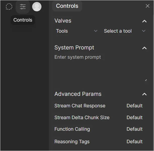 Open WebUI 컨트롤 패널에서 Tools와 System Prompt, Advanced Params를 확인하는 화면