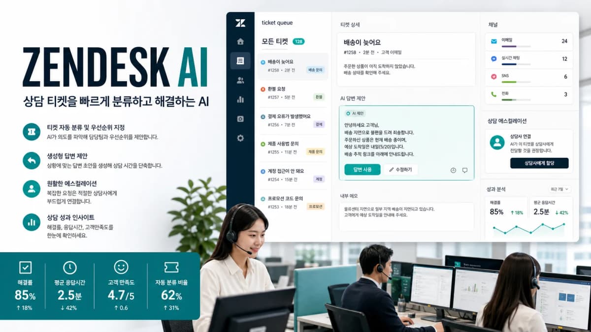 Zendesk AI가 고객지원 티켓과 상담 채널을 분류하는 헬프데스크 화면