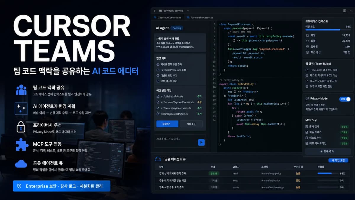 Cursor Teams에서 팀 코드 맥락과 AI 에이전트 작업을 공유하는 코드 에디터 화면