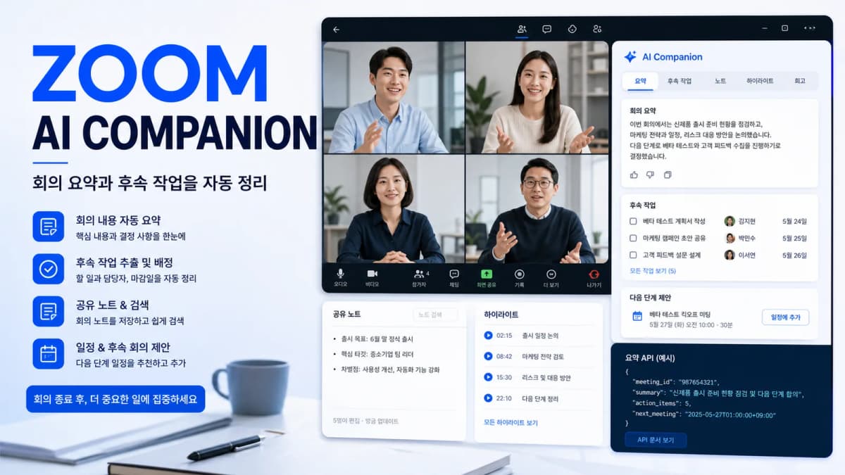 Zoom AI Companion이 화상회의 요약과 액션 아이템을 정리하는 회의 업무 화면