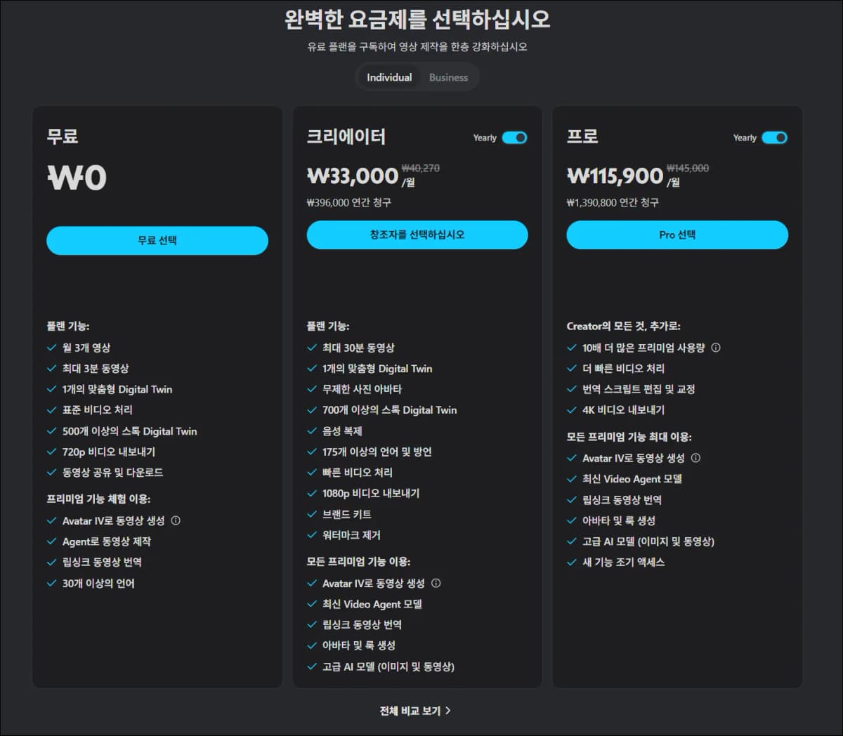 HeyGen 무료 요금제의 월 3개 영상과 720p 내보내기 제한을 보여주는 화면