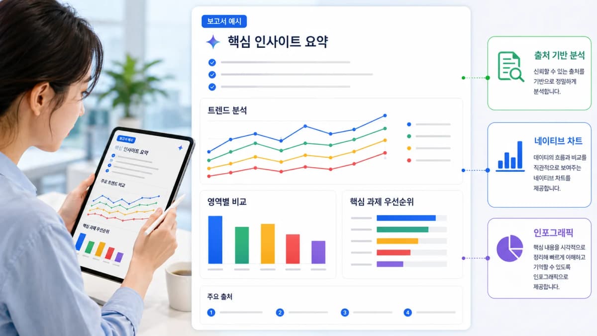 출처 기반 분석 보고서 안에 네이티브 차트와 인포그래픽이 포함된 예시 화면