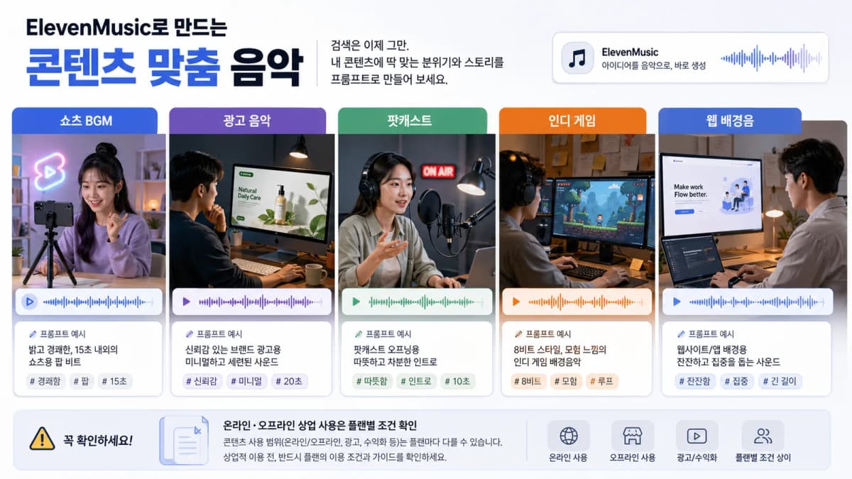 쇼츠 광고 팟캐스트 인디 게임 웹 배경음에 쓰는 ElevenMusic 활용 예시