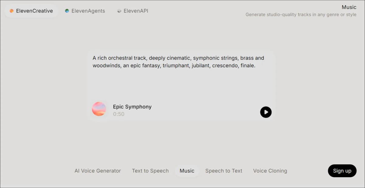 elevenlabs music 의 웹사이트 속 music 섹션