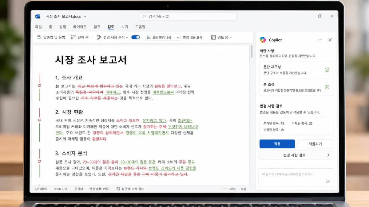 Word 문서에서 Microsoft 365 Copilot이 문단 재구성과 톤 조정을 제안하는 화면
