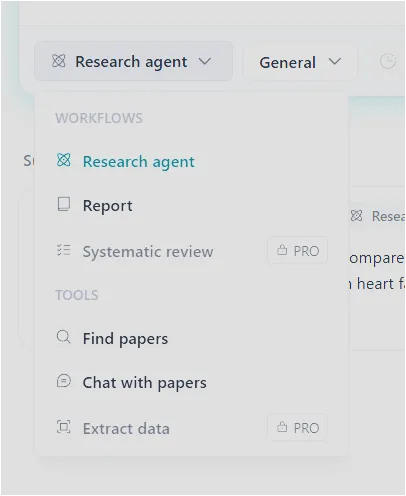 Elicit 워크플로우 메뉴에서 Research agent, Report, Find papers, Chat with papers를 선택하는 화면
