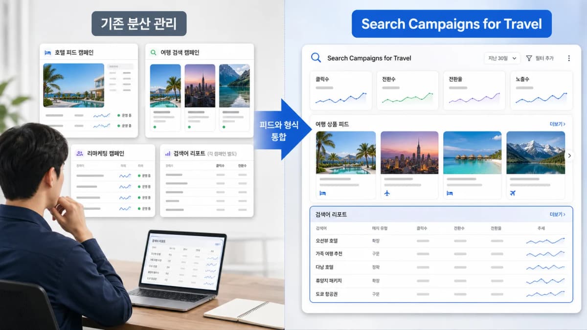 Search Campaigns for Travel에서 여행 피드와 검색어 리포트를 통합 관리하는 예시