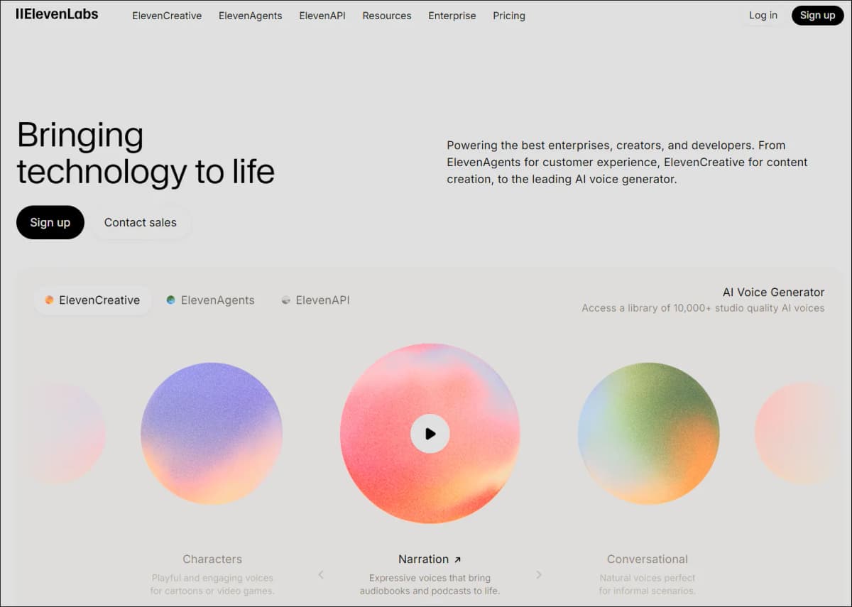 ElevenLabs 공식 첫 화면에서 ElevenCreative, ElevenAgents, ElevenAPI 메뉴와 AI Voice Generator 섹션이 보이는 화면