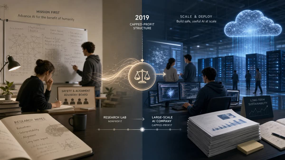 OpenAI가 연구소에서 대규모 AI 회사로 전환되는 구조 변화를 표현한 장면