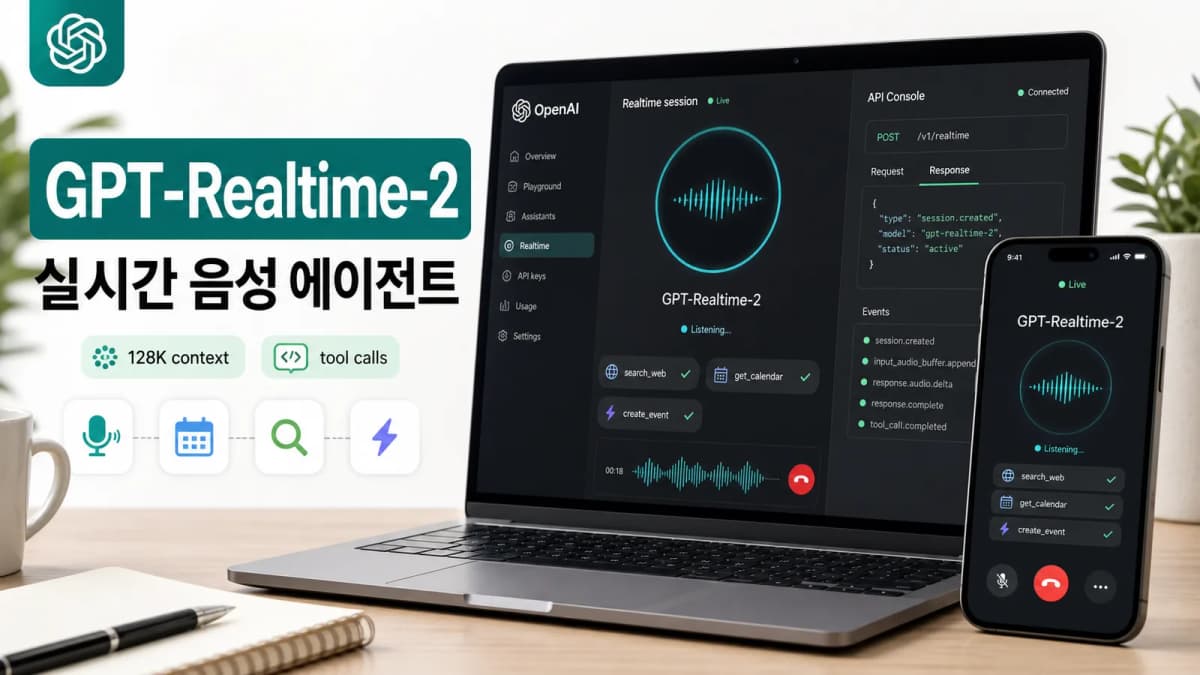 GPT-Realtime-2 실시간 음성 에이전트 API 콘솔과 모바일 음성 세션 화면