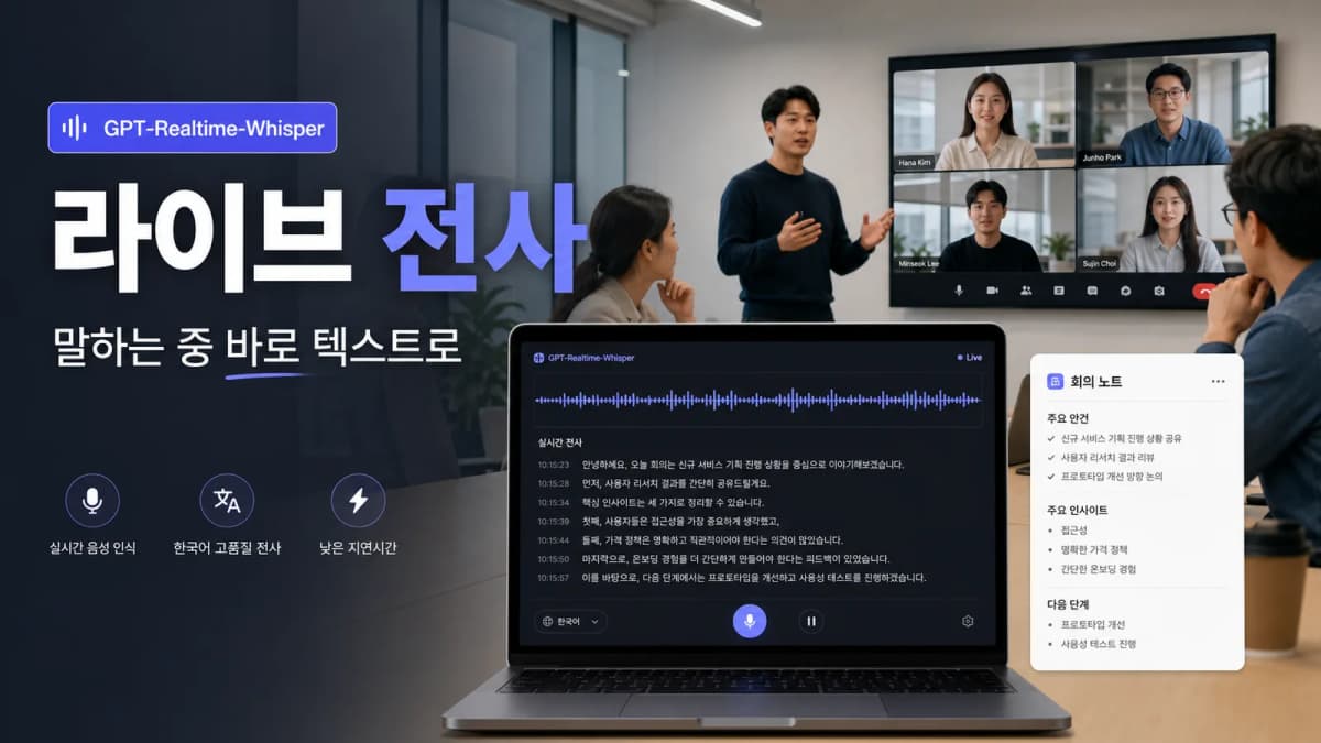 GPT-Realtime-Whisper로 회의 음성을 말하는 중 바로 텍스트로 전사하는 화면