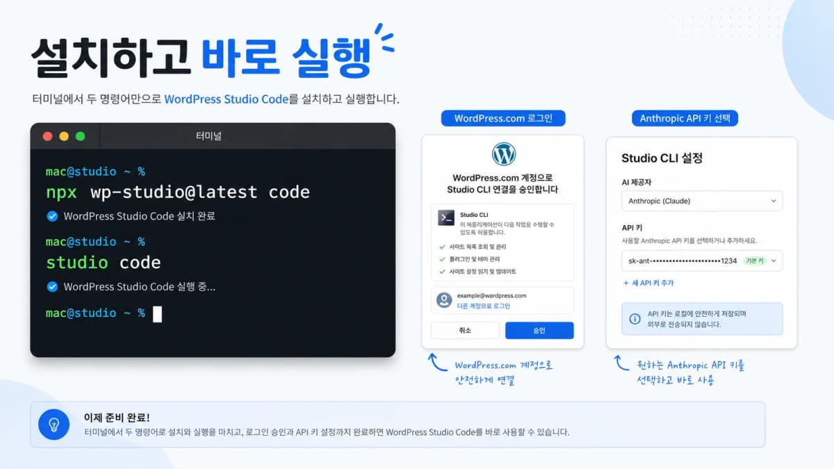 npx wp-studio latest code와 studio code 명령으로 WordPress Studio Code를 설치하고 실행하는 화면