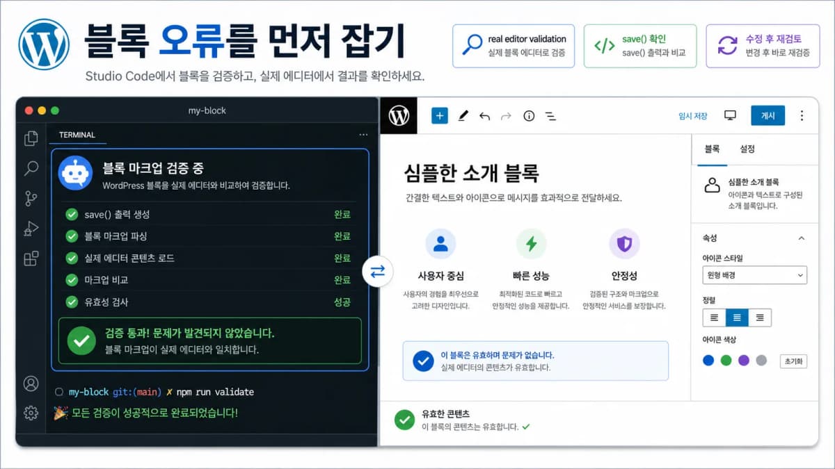 WordPress Studio Code가 Gutenberg 블록 마크업을 실제 에디터 기준으로 검증하는 화면