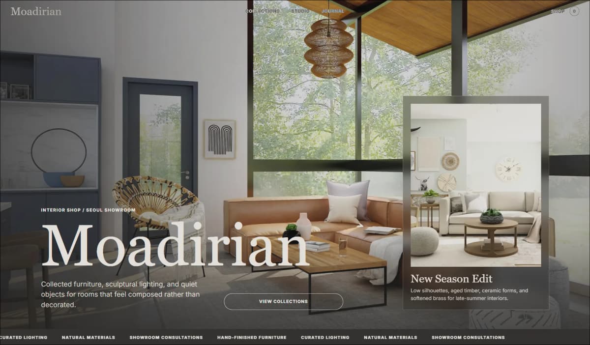 ChatGPT가 만든 Moadirian 랜딩페이지의 히어로와 마퀴 영역