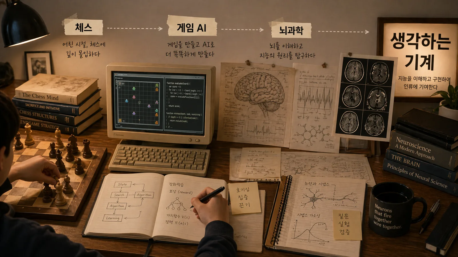 체스 → 게임 AI → 뇌과학 → 생각하는 기계로 이어지는 책상 위 콜라주