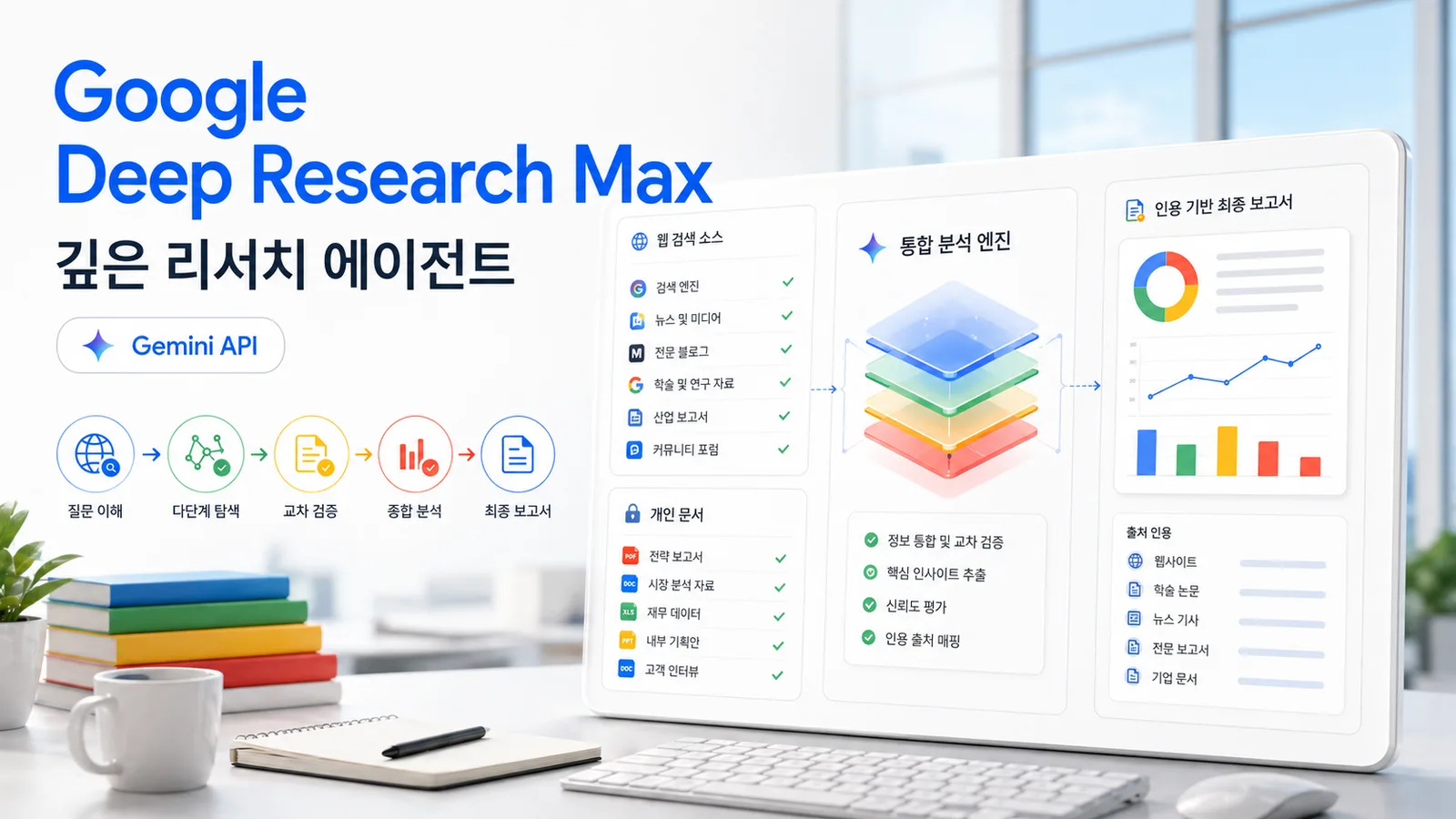 Google Deep Research Max가 웹 자료와 개인 문서를 종합해 출처 기반 보고서를 만드는 과정을 보여주는 대시보드