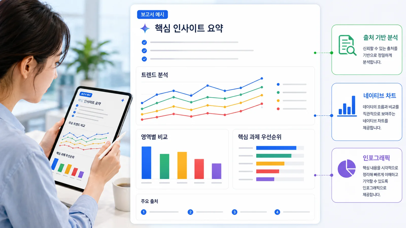 출처 기반 분석 보고서 안에 네이티브 차트와 인포그래픽이 포함된 예시 화면
