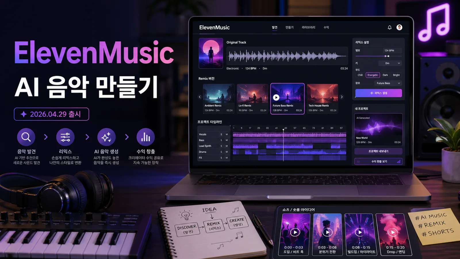 ElevenMusic으로 AI 음악을 만들고 리믹스하는 작업 화면