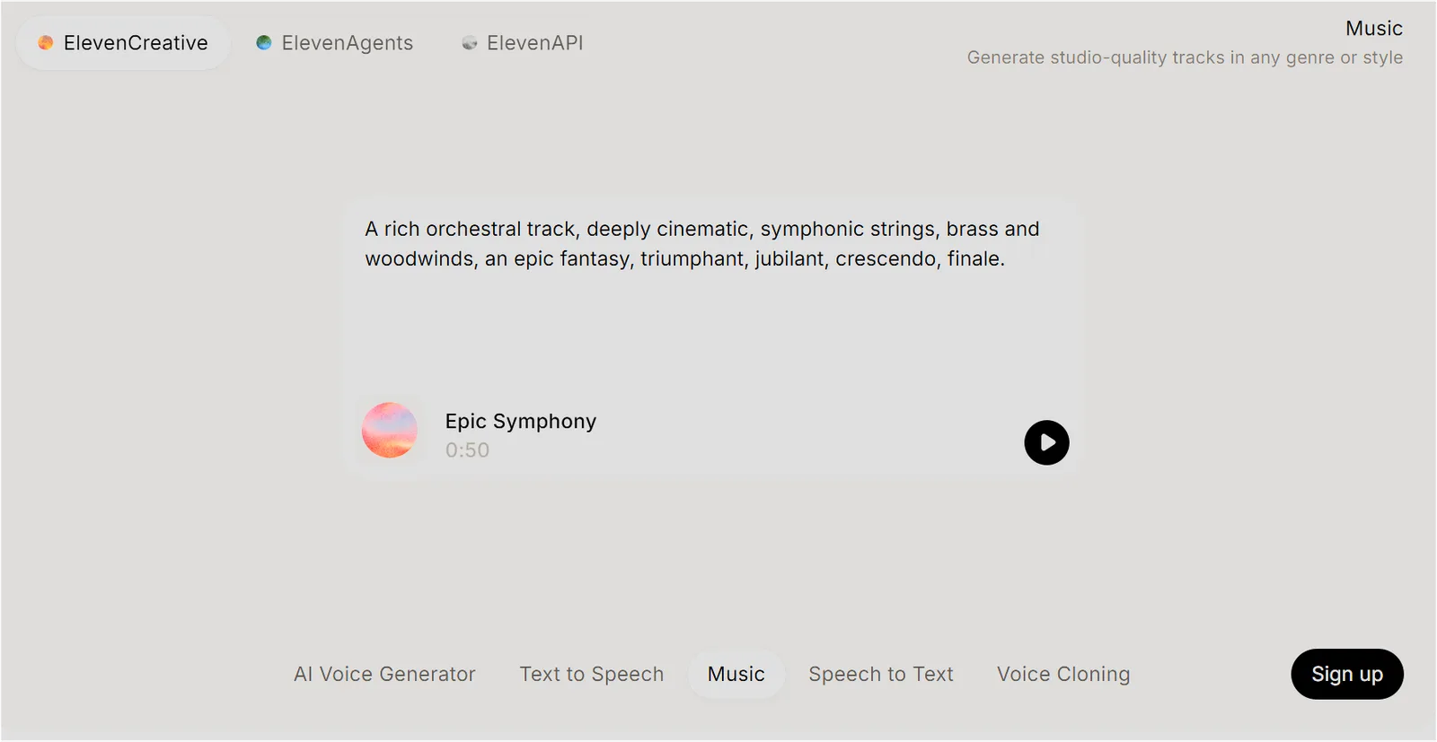 elevenlabs music 의 웹사이트 속 music 섹션