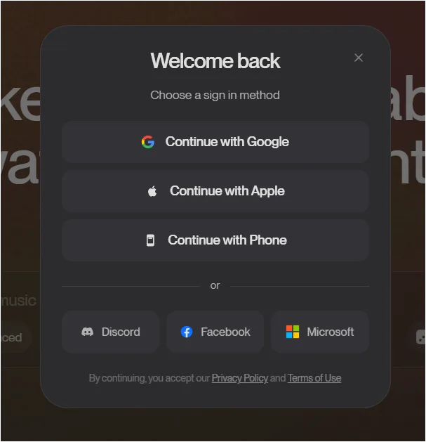 Suno 로그인 창에서 Google Apple Phone Discord Facebook Microsoft 로그인 옵션이 보이는 화면