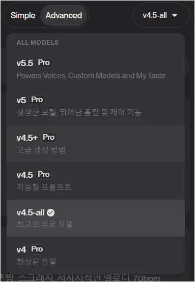 Suno 모델 선택 목록에서 무료 모델 v4.5-all과 Pro 모델이 함께 보이는 화면