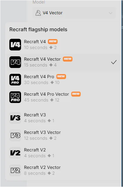 Recraft 모델 선택 메뉴에서 V4 Vector 모델이 선택된 화면
