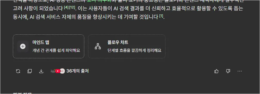라이너 딥 리서치 결과 하단에 마인드맵, 플로우 차트, 36개의 출처 버튼이 보이는 화면