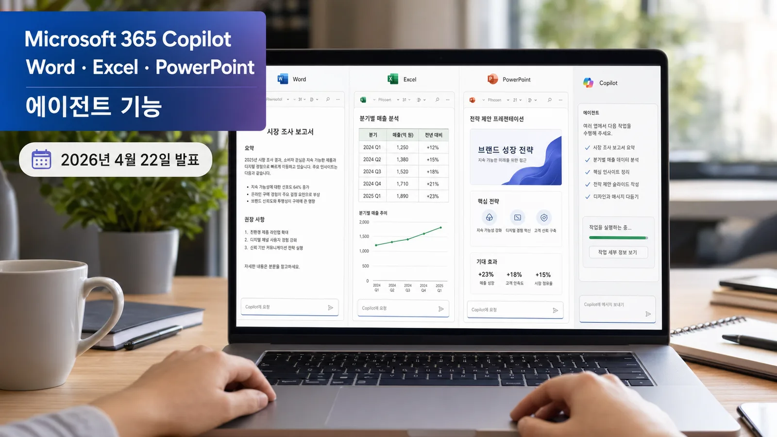 Microsoft 365 Copilot 에이전트 기능이 Word Excel PowerPoint에서 작동하는 화면