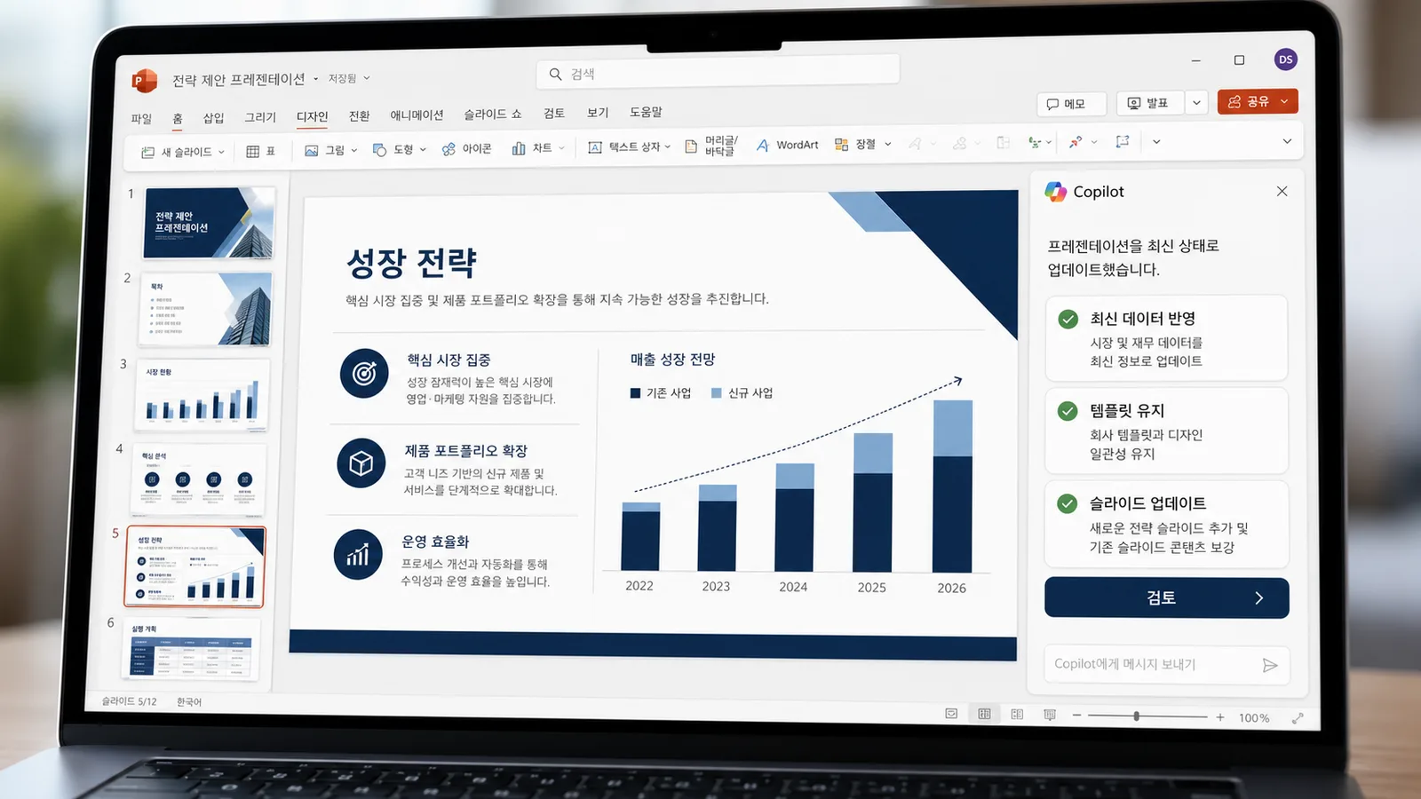 PowerPoint에서 Microsoft 365 Copilot이 최신 데이터를 반영해 슬라이드를 업데이트하는 화면