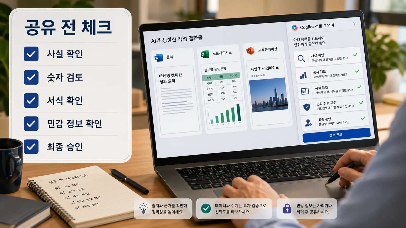 Microsoft 365 Copilot으로 만든 문서와 데이터와 슬라이드를 공유 전 검토하는 체크리스트