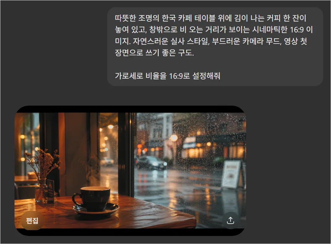 ChatGPT Images 2.0으로 생성된 비 오는 카페 테이블 이미지 결과 화면