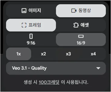Google Flow에서 Veo 3.1 Quality 선택 시 100크레딧 사용이 표시된 화면