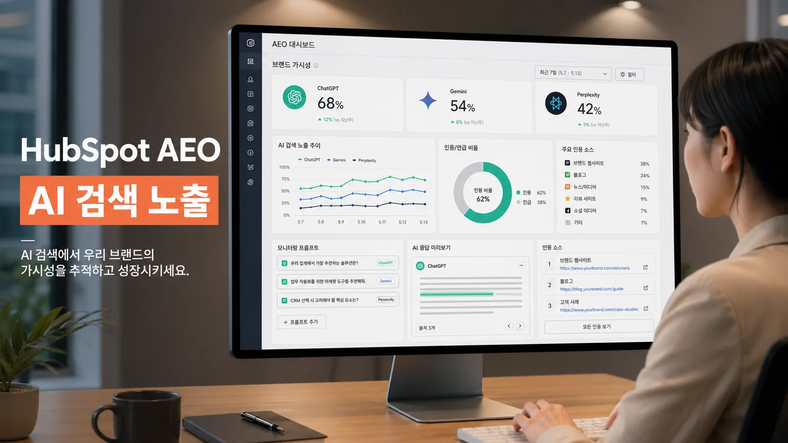HubSpot AEO로 AI 검색 노출과 브랜드 가시성을 확인하는 대시보드 화면