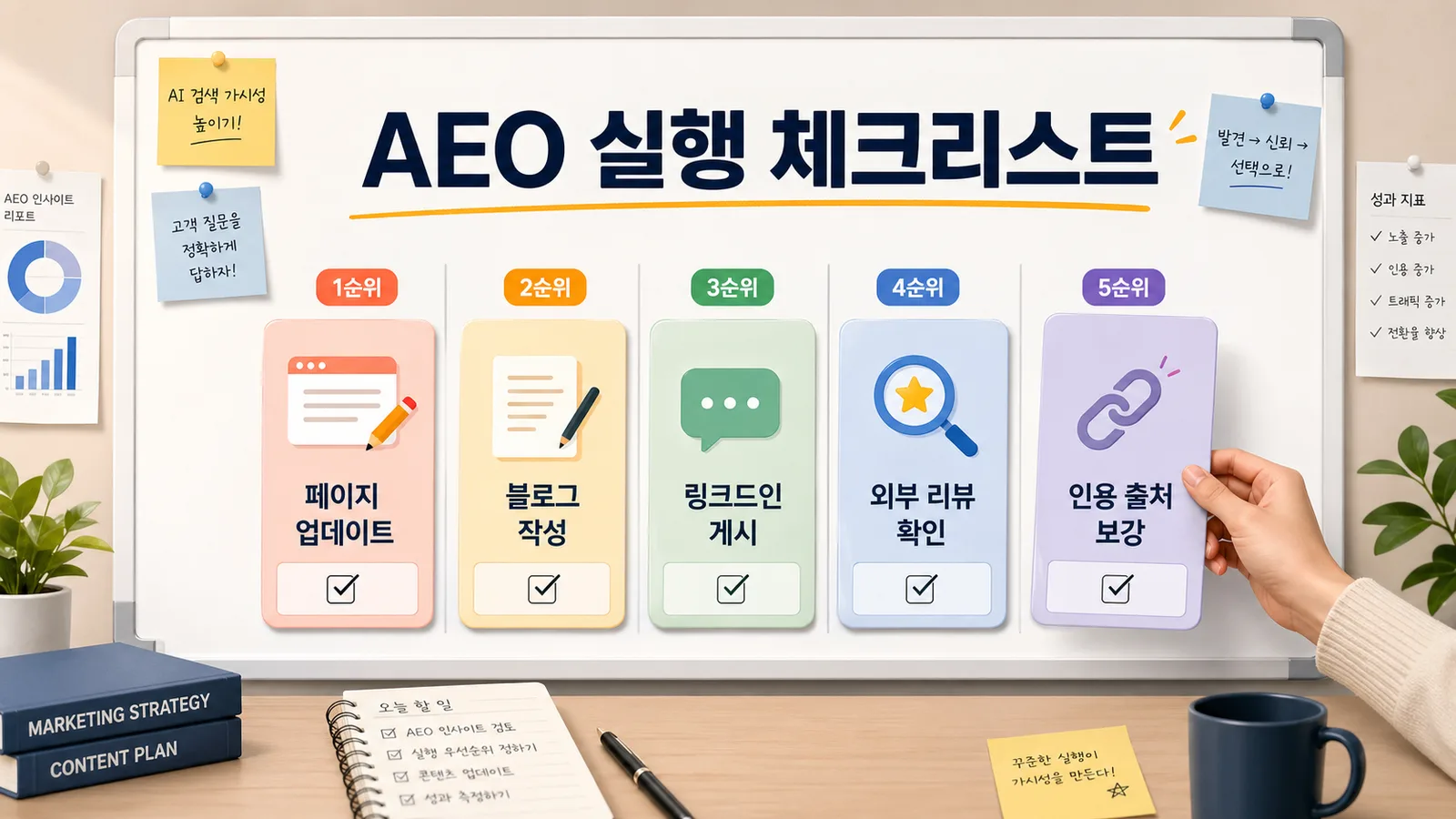 AEO 실행 체크리스트로 페이지 업데이트 블로그 작성 링크드인 게시 외부 리뷰 확인 인용 출처 보강을 정리한 보드