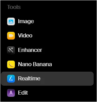 Krea 왼쪽 메뉴에서 Image, Video, Enhancer, Realtime 기능을 선택하는 화면